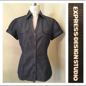 Express Fitted Denim-Look Short Sleeve Button Up